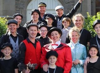 A family affair! Mary Poppins 'family cast' members on the steps of the Bluestone Theatre.