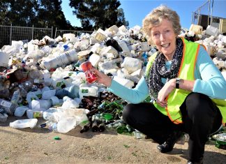 “Pathetic” – Councillor slams Australia’s recycling inaction Mount Alexander Shire's Cr Christine Henderson with a pile of recyclables at Castlemaine landfill site last week. Cr Henderson wants federal leadership to address the nation's big waste and recycling challenges.
