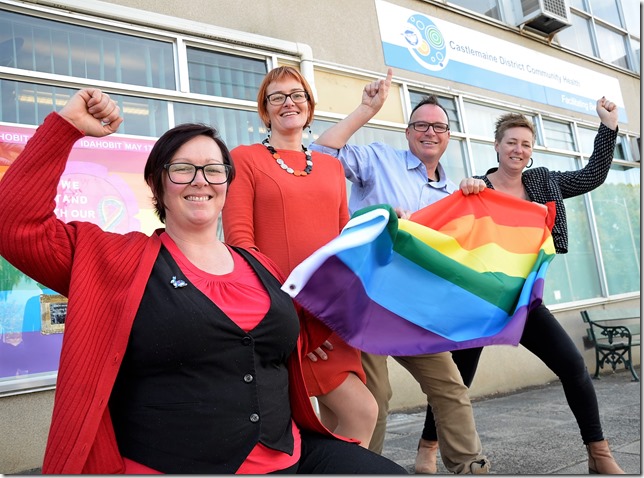 Local LGBTIQ community consultant Sherene Clow, Castlemaine District Community Health prevention and allied health manager Louise Falconer, Castlemaine Community House manager Martyn Shaddick and Central Victorian Primary Care Partnership's Emma Shannon celebrate Friday's $76,140 announcement.