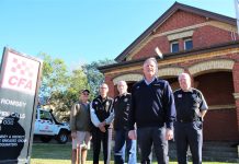 Heat over CFA sale move "Fighting tooth and nail" for Romsey and District Fire Brigade's Headquarters - (from left) Ron Cole, David Needham, Noel Smithwick, Ralph Hermann and Peter Brooks.