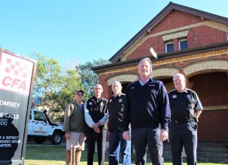 Heat over CFA sale move "Fighting tooth and nail" for Romsey and District Fire Brigade's Headquarters - (from left) Ron Cole, David Needham, Noel Smithwick, Ralph Hermann and Peter Brooks.