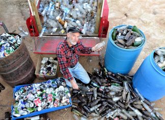 The Wiglesworth waste files Castlemaine's Bill Wiglesworth - with some of the litter he collected beside the Pyrenees Highway just west of Elphinstone - is lobbying the state government for a container recycling deposit scheme.