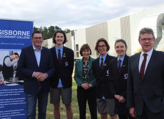 Final years to change in pilot Premier Daniel Andrews, college captain Owen Hughes, Macedon MP Mary-Anne Thomas, college vice-captain Louis Saunders, captain Emily Keane and college principal Jon Morley. Photo: Tianna Stables