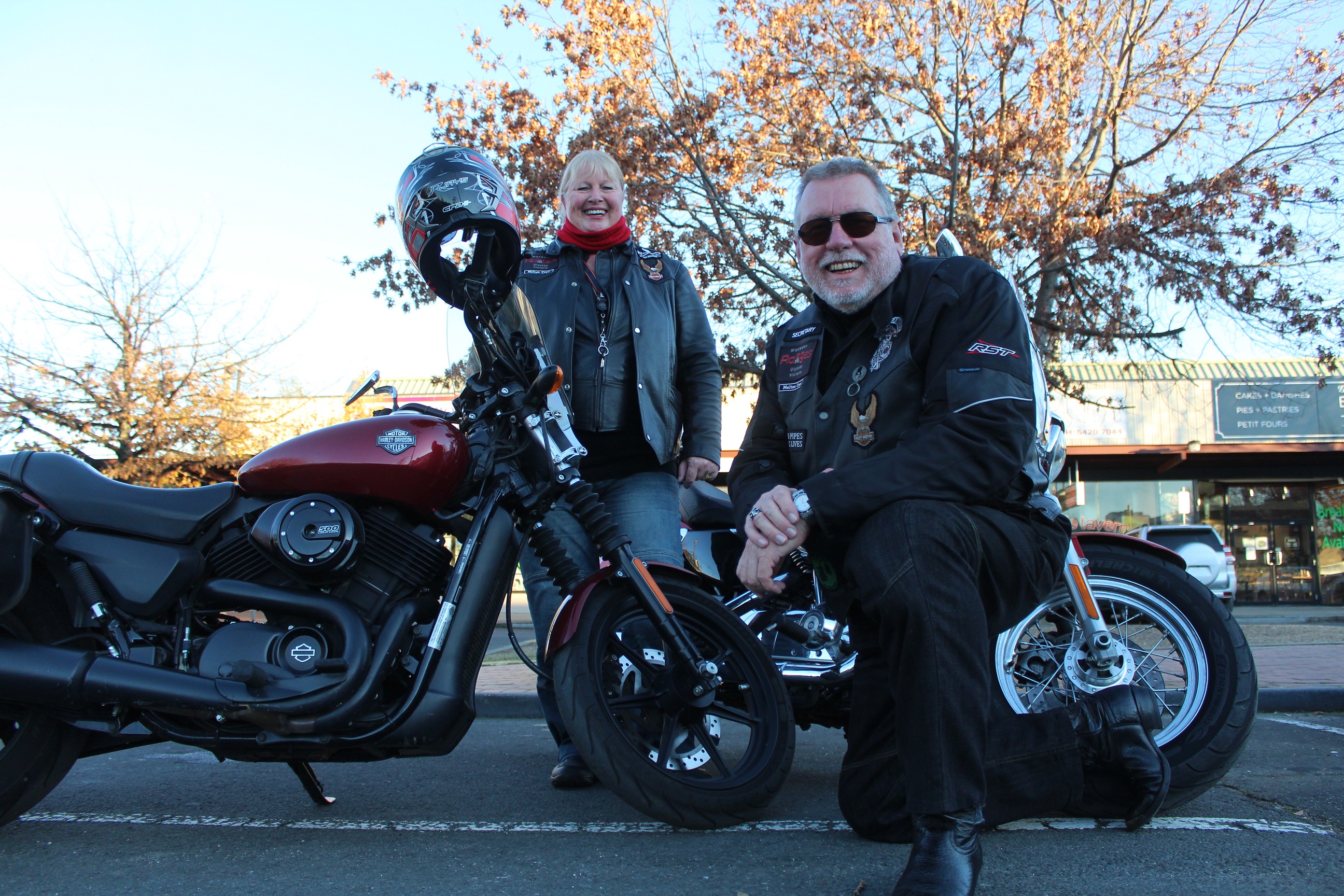 Sylvia rides a Harley Street 500 and Mark rides a Harley 1200 Custom Sportster.