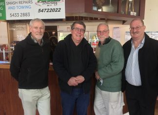How time flies for Hawks Pictured from left to right are Robert Falloon, Tim Morgan, Alan (Pud) Williams and Noel Rawlings.