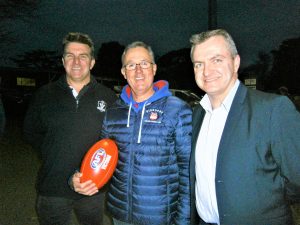 Plenty of enthusiasm: pictured at the $100,000 announcement are (from left) AFL Goldfields manager Rod Ward, Gisborne Football Netball Club president John Wood and AFL Victoria's manager Shayne Ward. The Ward brothers formerly played football and cricket at Gisborne.