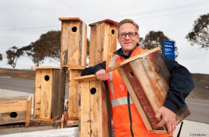 Acting vocational services manager at Middleton Prison Peter Foti with some of the nest boxes built by inmates to provide homes for phascogales near Barfold. Photo: Sandy Scheltema
