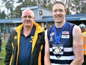 Medal winner: Tireless Macedon ruckman Tom Waters was judged best afield against Woodend-Hesket by the umpires on Saturday and he was presented with the Bill Tunn Medal by Eddie Tunn after the game when both teams lined up on the arena.
