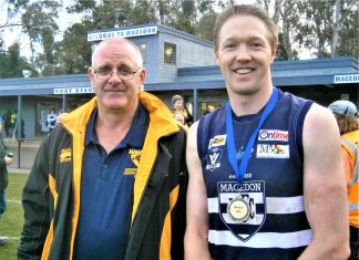 Cats shake off Hawks Medal winner: Tireless Macedon ruckman Tom Waters was judged best afield against Woodend-Hesket by the umpires on Saturday and he was presented with the Bill Tunn Medal by Eddie Tunn after the game when both teams lined up on the arena.