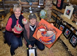 Chicken art hatches enterprise Friends of Lolotoe secretary/treasurer Chris Sertori and The Drying Shed's Linda Newton with examples of the artworks in Manu Feto Chicken Art Show.