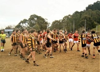 Hawks stay alive! Tempers were frayed during an ugly quarter time melee involving a large number of Woodend-Hesket and Romsey players on Saturday. After the shouting, shoving and skirmishing subsided, Redbacks' Jack Jedwab and Phil Romerill found themselves yellow-carded and banned for 15 minutes in the second term.