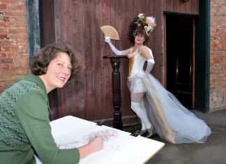 Dames, drinks … and drawing Guildford artist Bridget Farmer sketches Rococopops who is among the regular characters known to pose for the popular Dames, Drinks and Drawing sessions at Guildford.