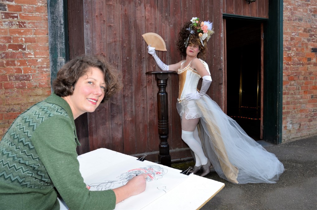 Guildford artist Bridget Farmer sketches Rococopops who is among the regular characters known to pose for the popular Dames, Drinks and Drawing sessions at Guildford.