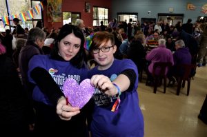 Castlemaine Secondary College students and diversity group reps Judzea Gatt and Liv Hocking at Friday's Wear It Purple Day.