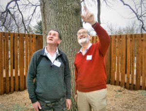 Very impressed: Wurundjiri Elder Perry Wandin (at left) and former Romsey Primary School principal Trevor Turnham - in charge at the old school for 11 years and the current one for five - chat beneath the historic oak tree featured in the park section. Both were highly impressed with the transformation of the old school and first stage of the ecotheraphy park. Perry spoke earlier to the gathering about traditional owners' involvement in the Macedon Ranges.