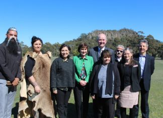 Protection promise that rocks Rodney Carter and Trent Nelson from the Dja Dja Wurrung and Aunty Alice from the Wurundjeri gave a welcome to country at Minister Wynne's announcement last week. They are pictured with Mr Wynne, MP Mary-Anne Thomas and Environment Minister Lily D'Ambrosio.