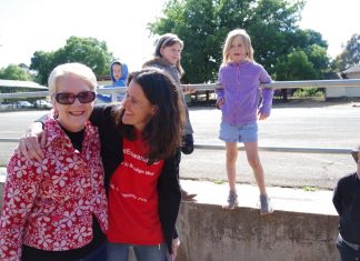 Strong endorsement Bendigo West Labor incumbent Maree Edwards (left) stopped over at Castlemaine North Primary on Saturday as she toured local polling booths and is pictured here with former Mount Alexander Shire councillor Jess Howard. Photo: Max Lesser