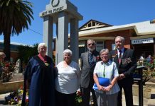 Our Diggers remembered Mayor Bronwen Machin, Castlemaine RSL secretary Barb Templar, RSL president John Whiddon, guest speaker Hetty Veldman and MC Alan Lane are pictured alongside the cenotaph at the 100th anniversary event.