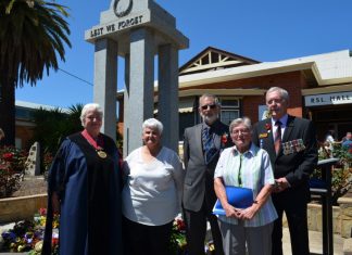 Our Diggers remembered Mayor Bronwen Machin, Castlemaine RSL secretary Barb Templar, RSL president John Whiddon, guest speaker Hetty Veldman and MC Alan Lane are pictured alongside the cenotaph at the 100th anniversary event.