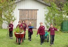 Rock and Roll stars Lulu, Ari, Coen, Arrabella, Manu and Val get ready to plant the nationally endangered basalt peppercress plant at Trentham and District Primary School as part of state-wide efforts to prevent them from becoming extinct. Photo: Sandy Scheltema