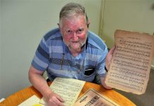 Surprise musical legacy for the men Terry Hodgkins with some of the sheet music left to the Castlemaine Men's Shed by former member Lindesay Hart.