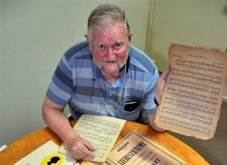 Surprise musical legacy for the men Terry Hodgkins with some of the sheet music left to the Castlemaine Men's Shed by former member Lindesay Hart.