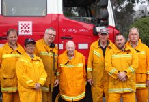 Honouring a legend Newham CFA members with the 'new Bobby Adams'. From left are Chris Eagle, Allan Chiong, Captain Steve Flounders, Bobby Adams, Neil Pomroy, Allan Muir and Bryan Hornbuckle.