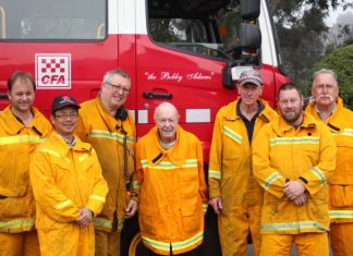 Honouring a legend Newham CFA members with the 'new Bobby Adams'. From left are Chris Eagle, Allan Chiong, Captain Steve Flounders, Bobby Adams, Neil Pomroy, Allan Muir and Bryan Hornbuckle.