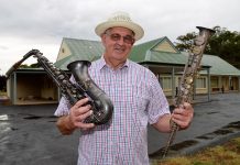 A curious and collectable affair Brian Owens - pictured with vintage saxophones that once belonged to local yesteryear muso Ian Punton - ahead of the Campbells Creek Collectables Fair.