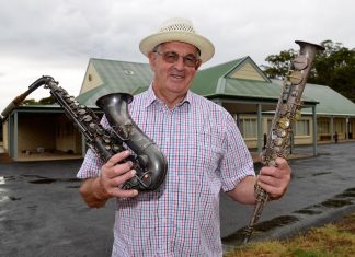 A curious and collectable affair Brian Owens - pictured with vintage saxophones that once belonged to local yesteryear muso Ian Punton - ahead of the Campbells Creek Collectables Fair.