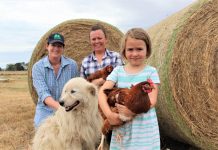 Field day to double This Farm Needs a Farmer founder Melissa Connors is pictured with The Good Life Farm Co's Claire Moore who will be exhibiting of the day and her daughter Freya Fogarty and Luca their maremma.