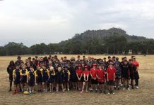 Bomber invasion Hundreds of young school children had the chance to catch up with Essendon's finest from the field as they came to local footy clubs and Hanging Rock (pictured) to mix with the kids, run them through training sessions and dish out inspiration by the bucket load.