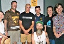 Getting the message across From left: Cr Jennifer Anderson, junior football president Brendan O'Connor, guest speaker Wayne Schwass, WFNC president Paul Podbury, mayor Janet Pearce, Mary-Anne Thomas MP. Front: Masters' football club president Ben Bush.