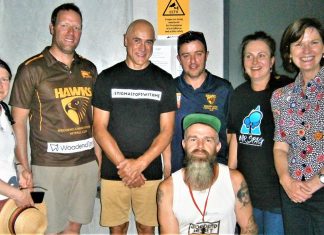 Getting the message across From left: Cr Jennifer Anderson, junior football president Brendan O'Connor, guest speaker Wayne Schwass, WFNC president Paul Podbury, mayor Janet Pearce, Mary-Anne Thomas MP. Front: Masters' football club president Ben Bush.