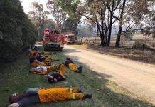 Locals join fire fight Macedon Ranges Strike Team 0215 recharge after a big day of assessing properties, clearing trees and blacking-out in the Bunyip fire complex. Photo: Mount Macedon Fire Brigade