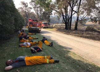 Locals join fire fight Macedon Ranges Strike Team 0215 recharge after a big day of assessing properties, clearing trees and blacking-out in the Bunyip fire complex. Photo: Mount Macedon Fire Brigade