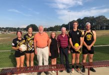 Community rallies behind Tigers From left: Maddie Copeland (netballer), Bed Ingleton (netballer), Ian Jackson (RSL treasurer), Karen O'Sullivan, Mike Gretton (secretary) Evan Davie (U18 player) Hayden Clapham ( U18 player) at the cheque handover to rid the KFNC of its lighting debt.