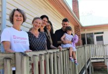 House thrown a lifeline Macedon residents have something to celebrate with strong prospects for a Neighbourhood House at 47 Victoria Street. Pictured are Karen Goltz, Samara Hodson, Elizabeth Barnett, Jennifer Brusley and Blake Byron-Smith with daughter Beatrice.