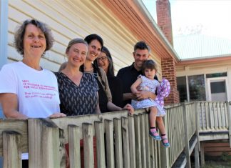 House thrown a lifeline Macedon residents have something to celebrate with strong prospects for a Neighbourhood House at 47 Victoria Street. Pictured are Karen Goltz, Samara Hodson, Elizabeth Barnett, Jennifer Brusley and Blake Byron-Smith with daughter Beatrice.