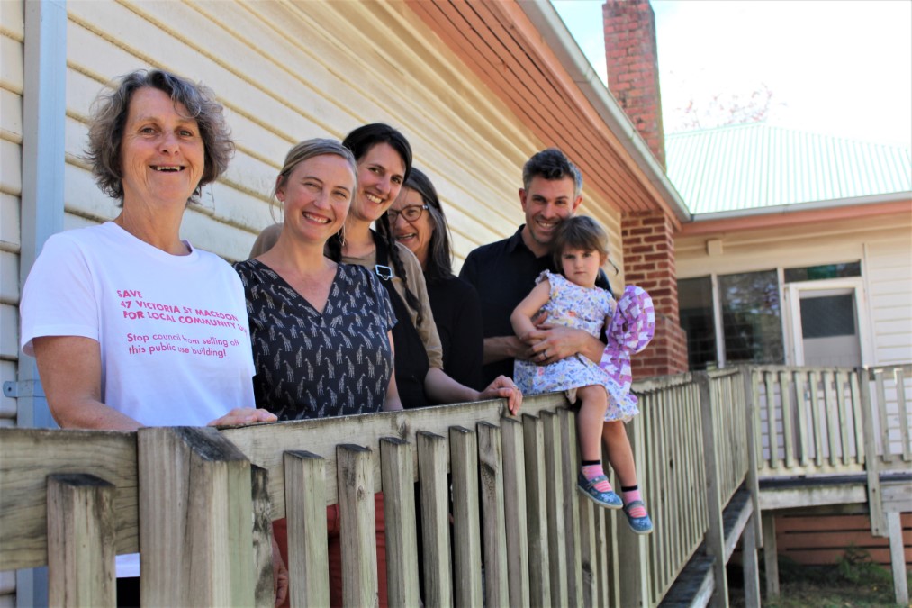 Macedon residents have something to celebrate with strong prospects for a Neighbourhood House at 47 Victoria Street. Pictured are Karen Goltz, Samara Hodson, Elizabeth Barnett, Jennifer Brusley and Blake Byron-Smith with daughter Beatrice.