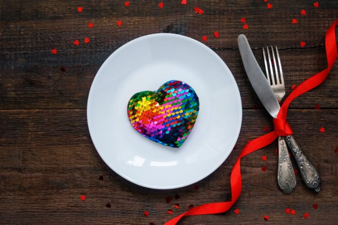 Valentine's,Day,Festive,Table,Setting,With,Rainbow,Heart,On,White